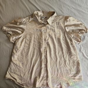 Denim 24/7 Silky Pearl Off White Satiny Short Sleeve Button Up Blouse 28W